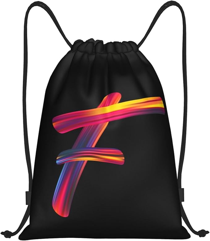 Drawstring Bags Initial Drawstring Backpack Sackpack Black Draw String Cinch Bags for Sports, Gym, Travel, Swimming, Beach, Camping, Rainbow Letter F
