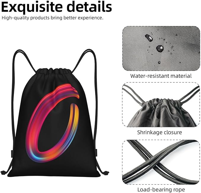 Drawstring Bags Initial Drawstring Backpack Sackpack Black Draw String Cinch Bags for Sports, Gym, Travel, Swimming, Beach, Camping, Rainbow Letter O